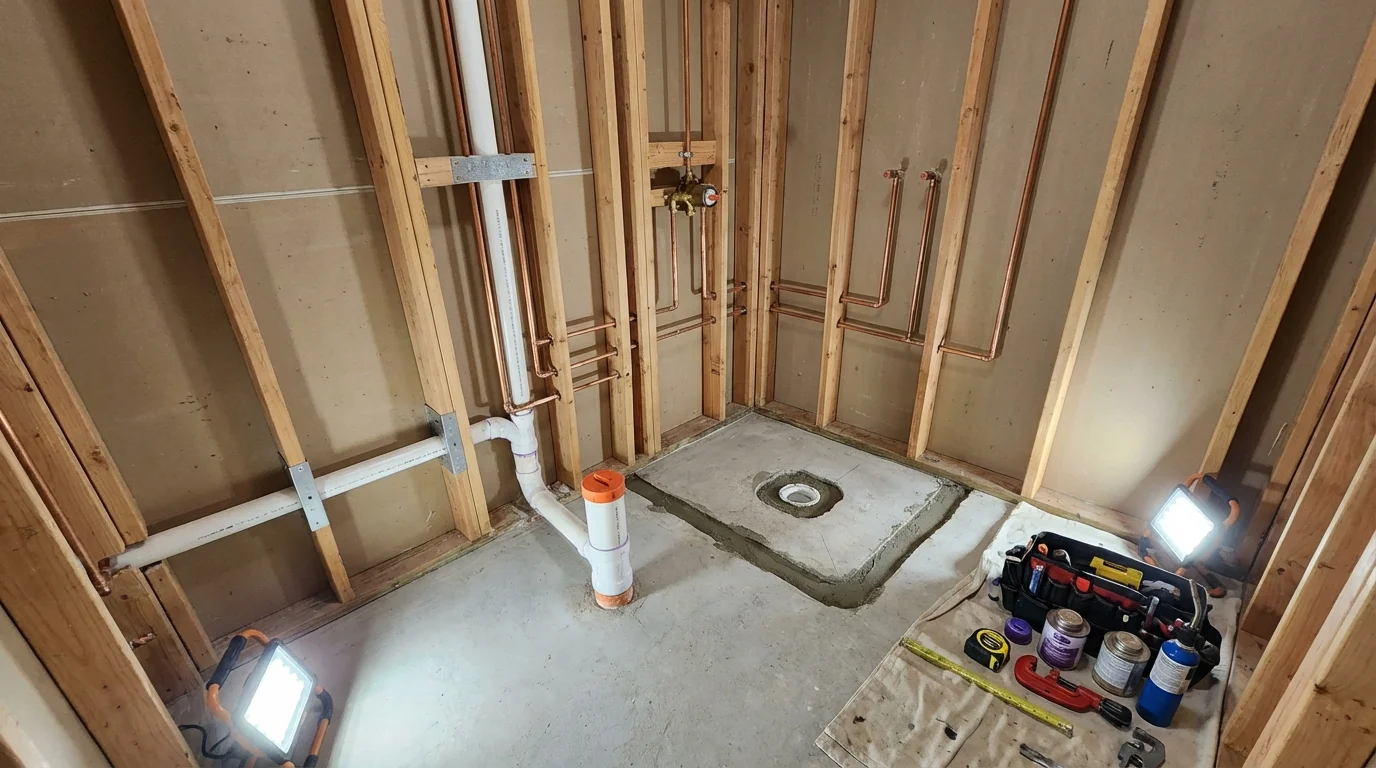 Bathroom rough-in plumbing during remodel by Johns Plumbing LLC in Uhrichsville