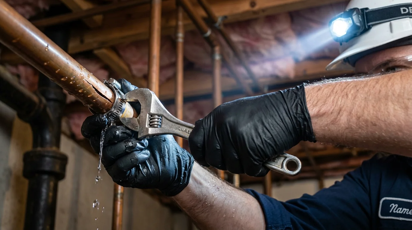 Emergency pipe clamp repair being performed by a Johns Plumbing LLC plumber in Uhrichsville