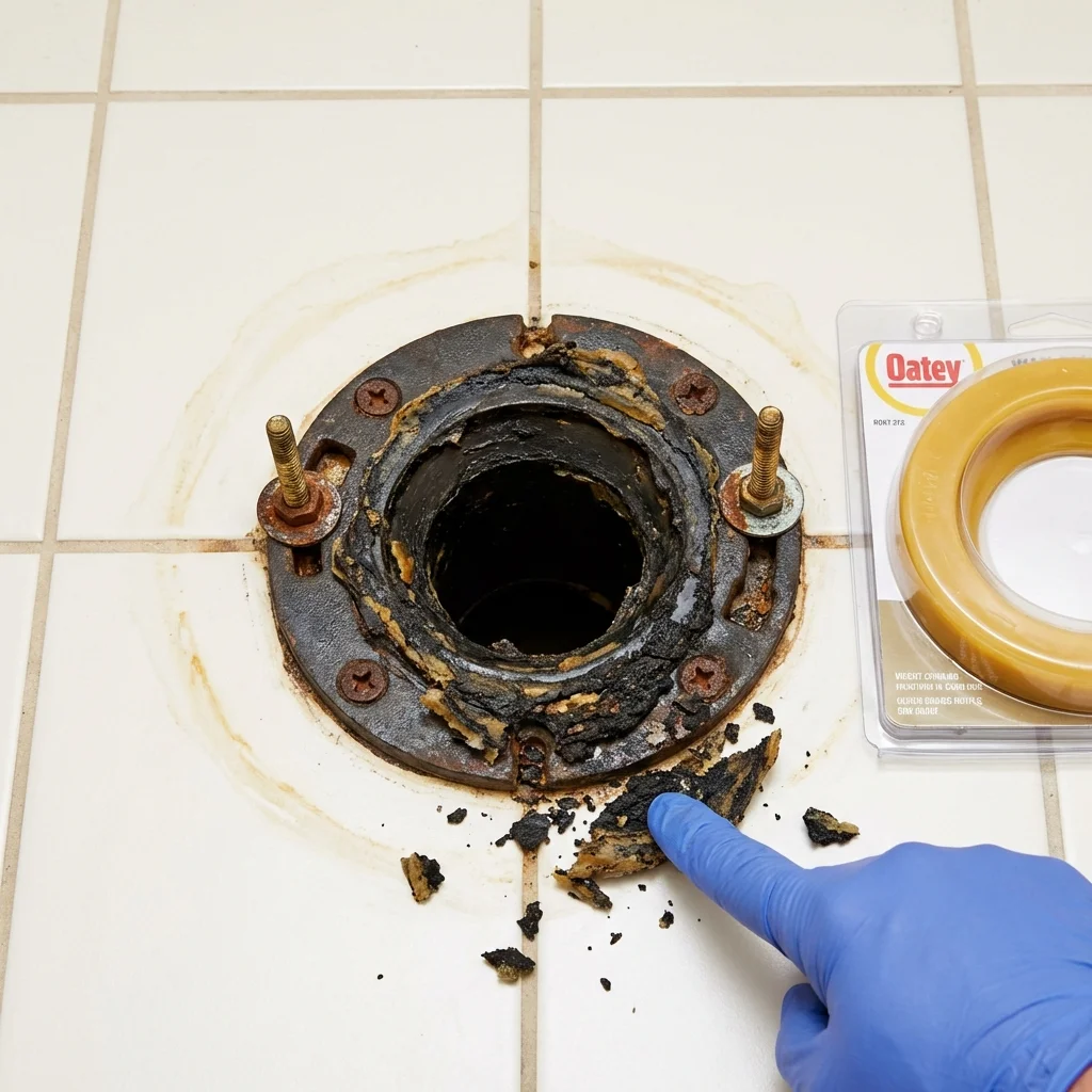Failed wax ring showing water seepage at the base of a toilet in a Uhrichsville, OH home