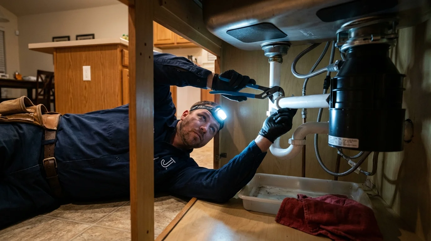 P-trap and supply line connections under a kitchen sink showing a common leak point in Uhrichsville, OH